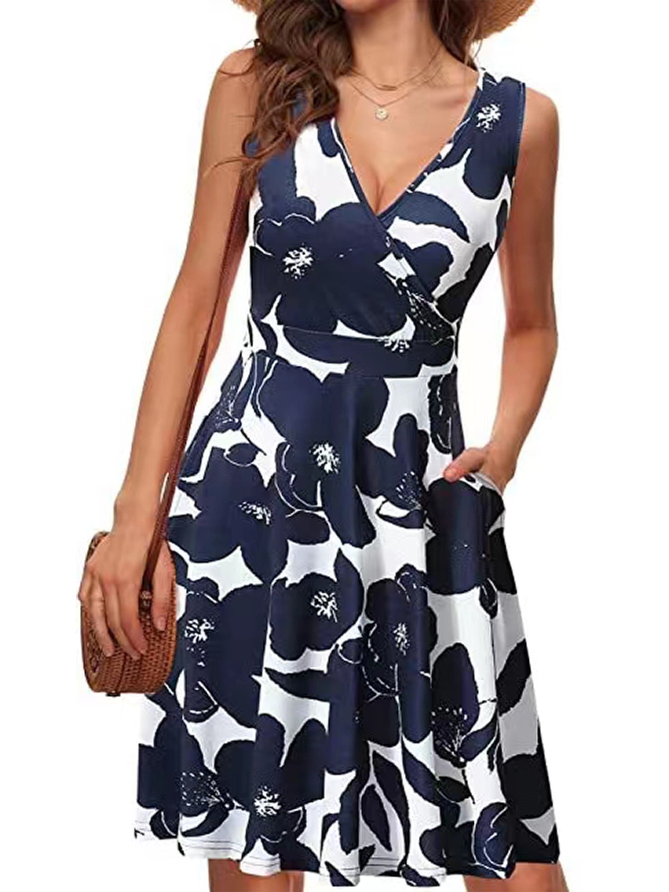 Graceful Comfortable Elegant Sleeveless Printed Pocket Dress