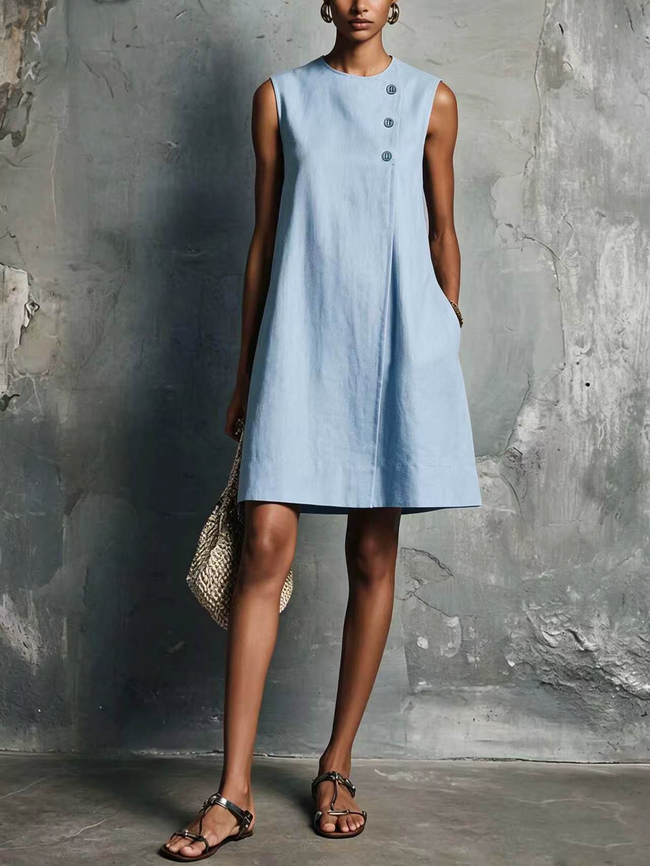 Women's Blended Round Neck Asymmetric Button Side Dress