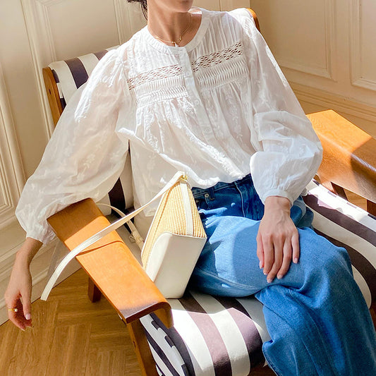 Women's Embroidery White Shirt Long Sleeve Stylish Blouses