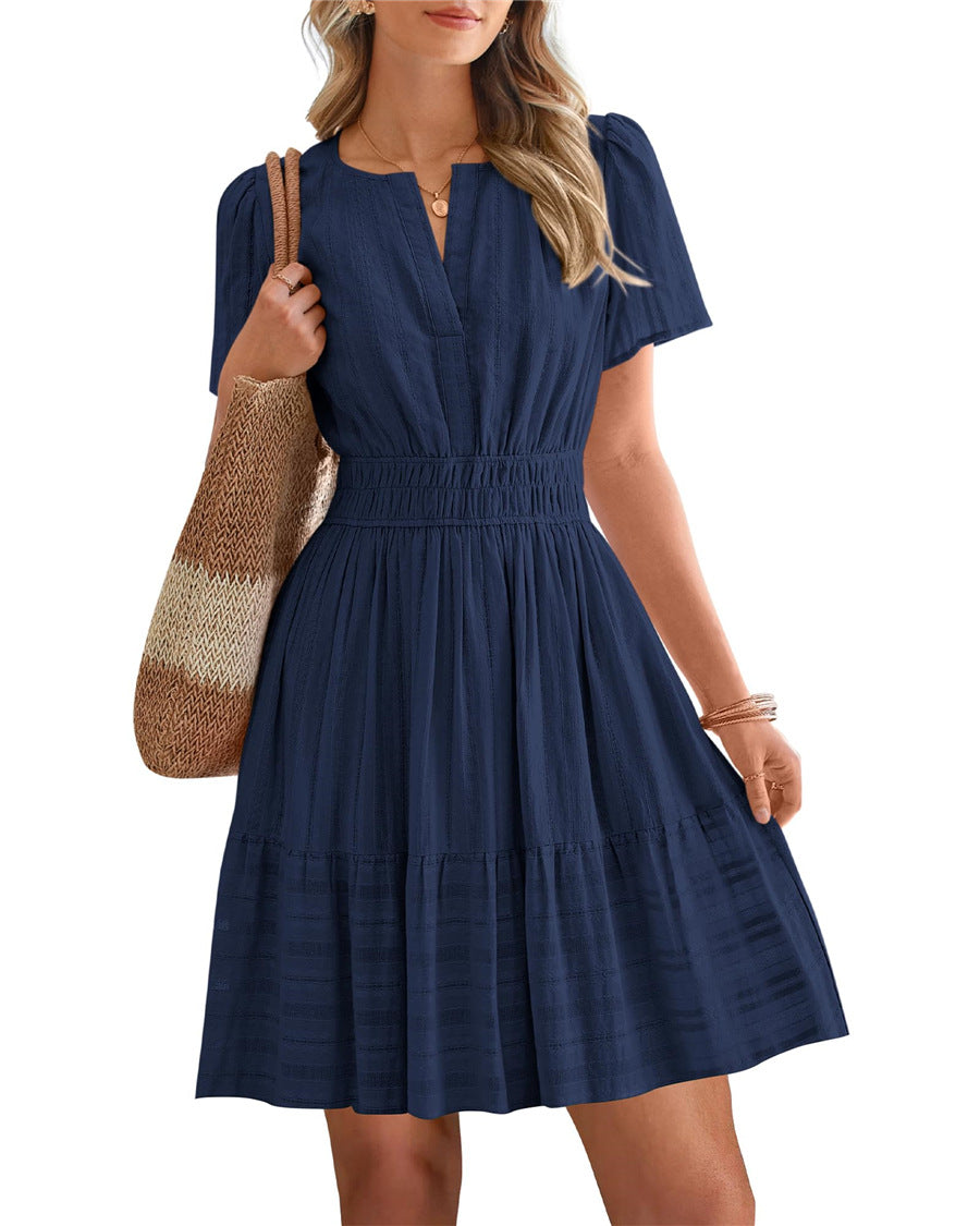 Women's Collar Pleating Puff Sleeve Large Swing Dress