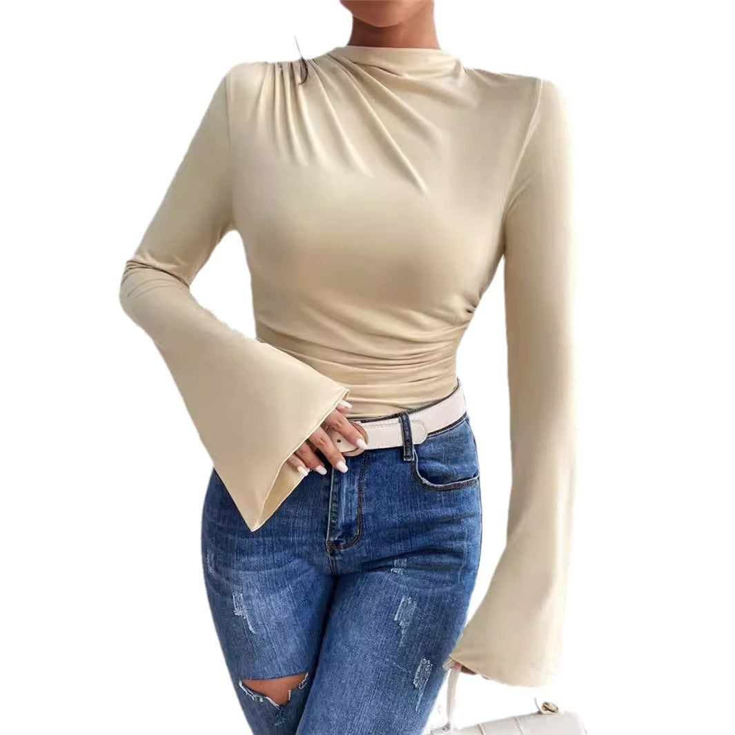 Women's Design Sense Bell Sleeve Stand-up Collar Slim Blouses