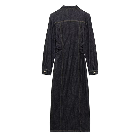 Women's Simple Denim Long Sleeve Midi Dress Dresses