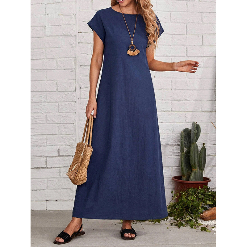 Women's Summer Simple Style Round Neck Sleeve Loose Casual Long Solid Dress