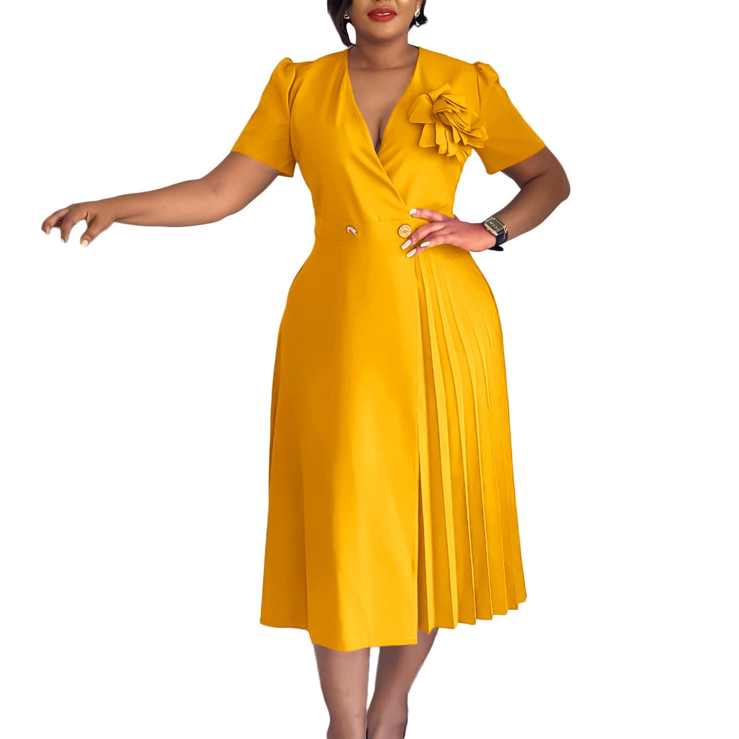 Women's Summer Fashion Sleeve Solid Color Elegant Pleated Dress