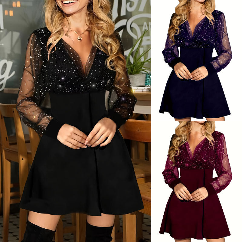 Mesh Stitching Solid Color Long Sleeve Sexy Dress