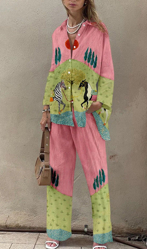 Women's Digital Flower Hawaiian Vacation Style Shirt Suits