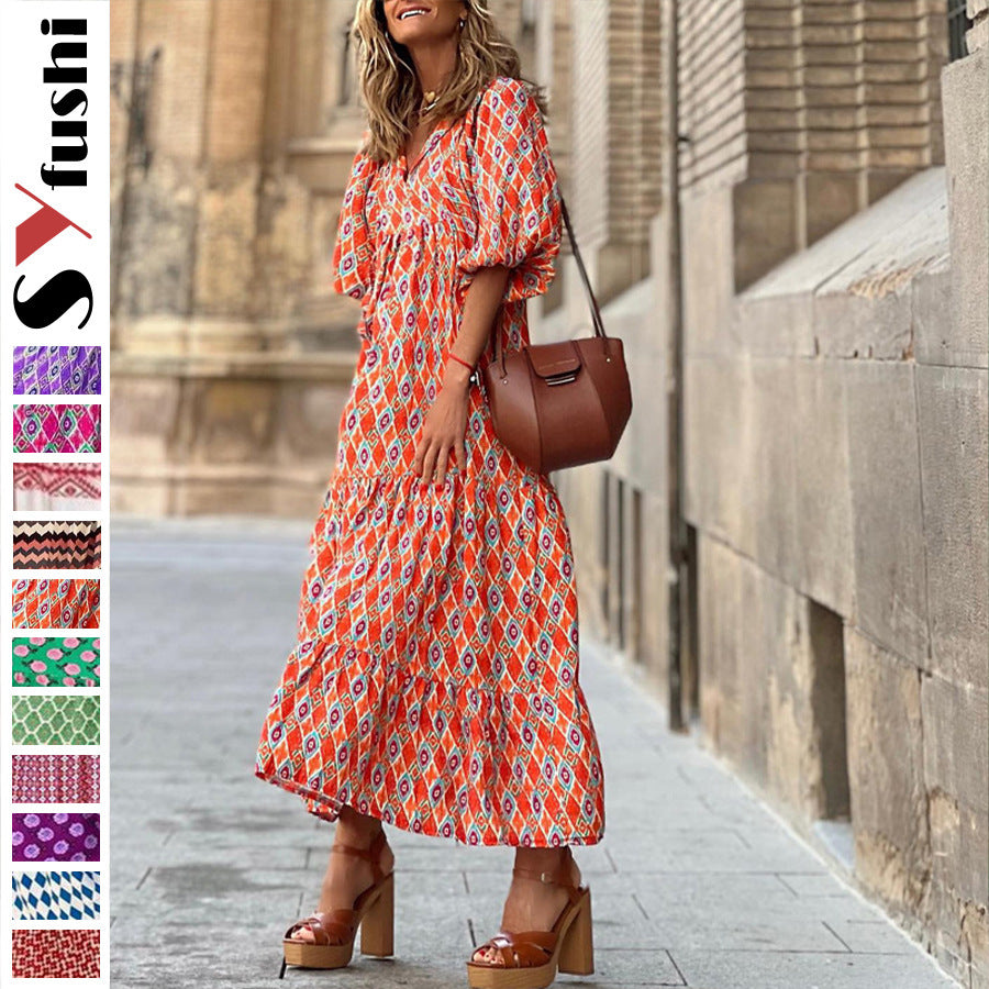 Women's Loose Bohemian Round Neck Lantern Sleeve Dress
