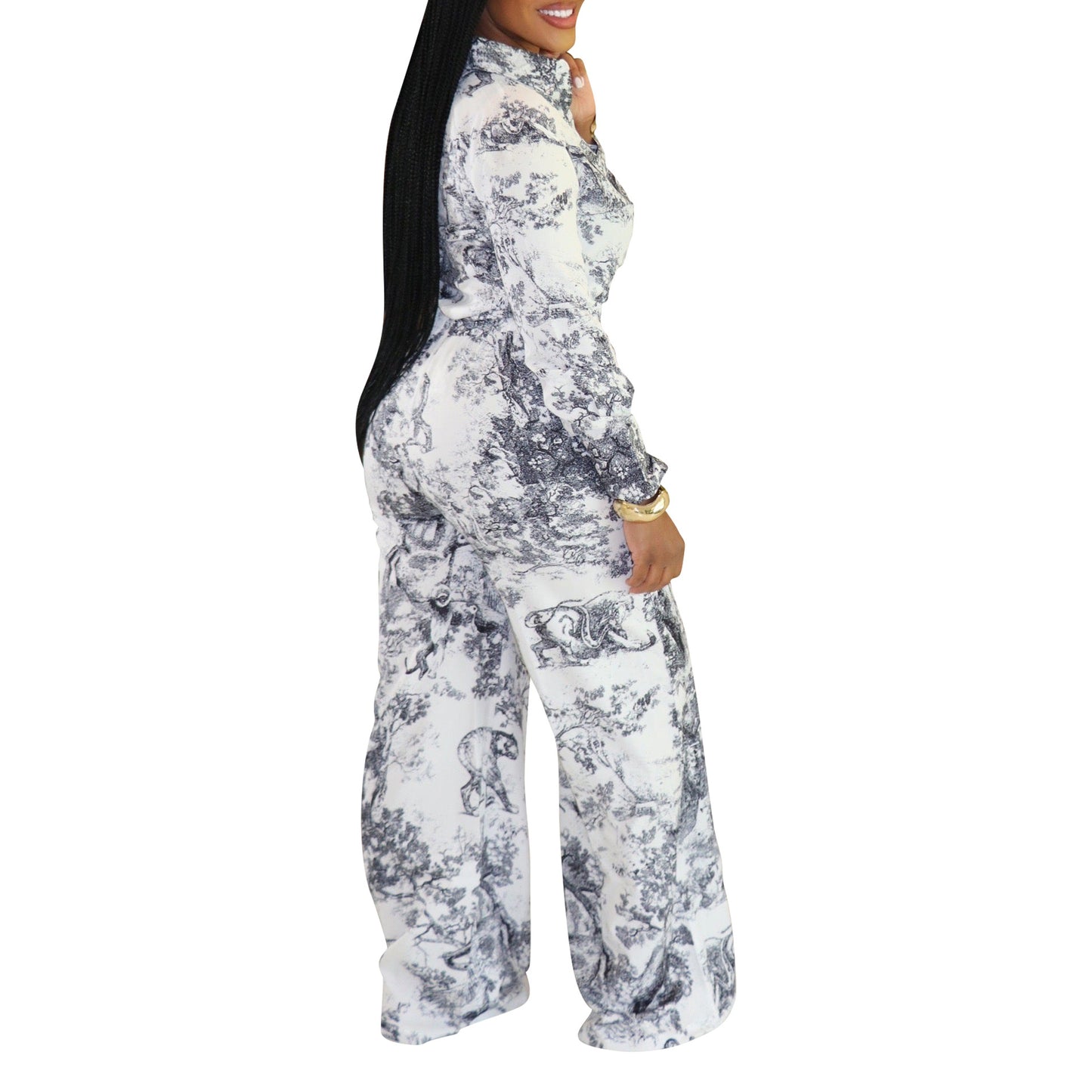 Women's Fashion Casual Long-sleeved Shirt Trousers Two-piece Suits
