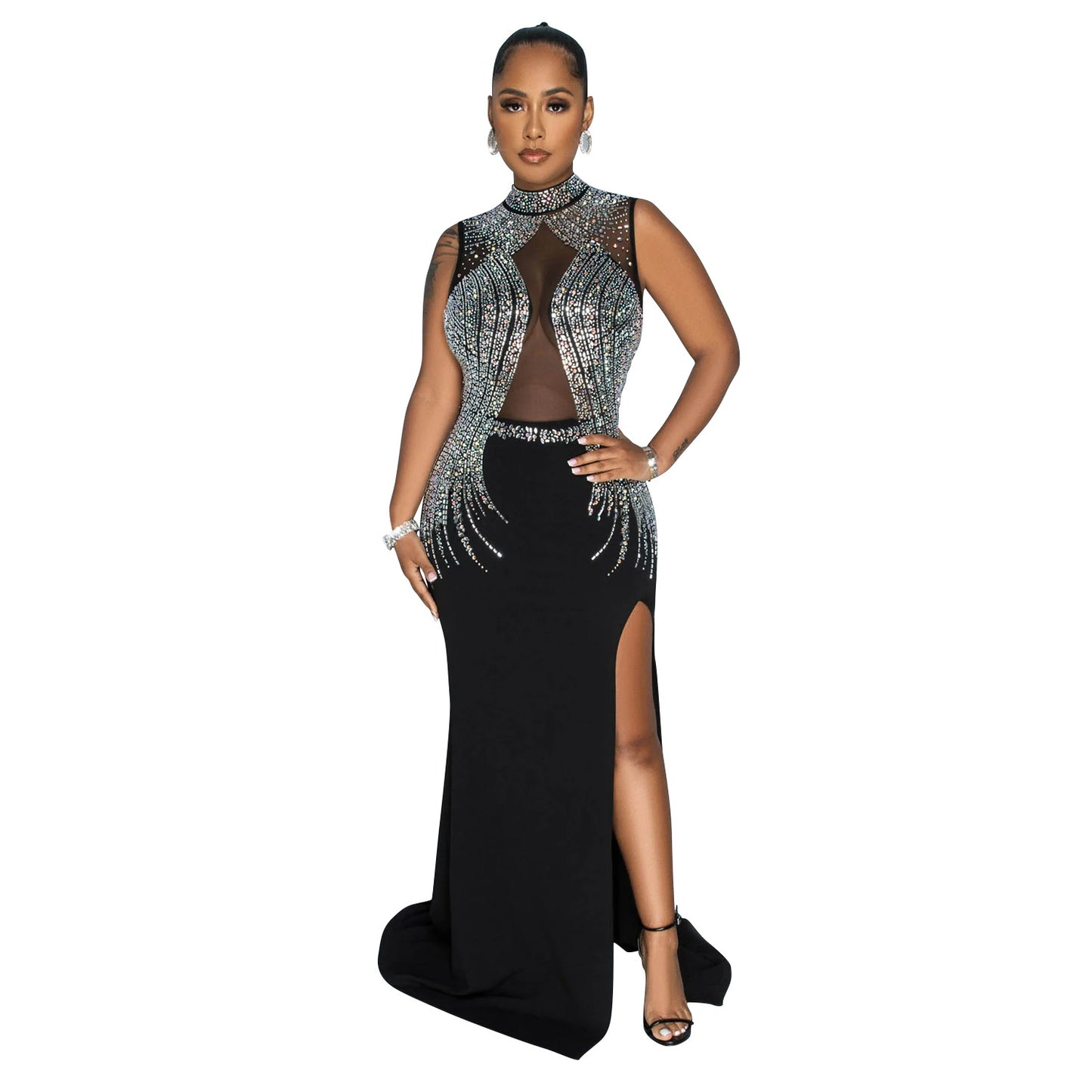 Women's Wear Pure Color Mesh Hot Drilling Split Dresses