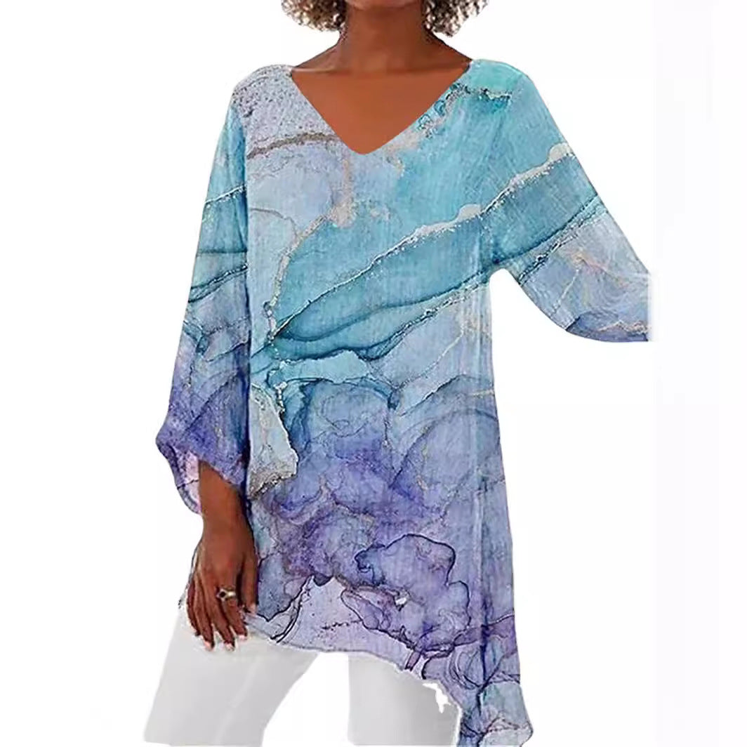 Women's Leisure Loose Irregular Printed Long Sleeve Blouses