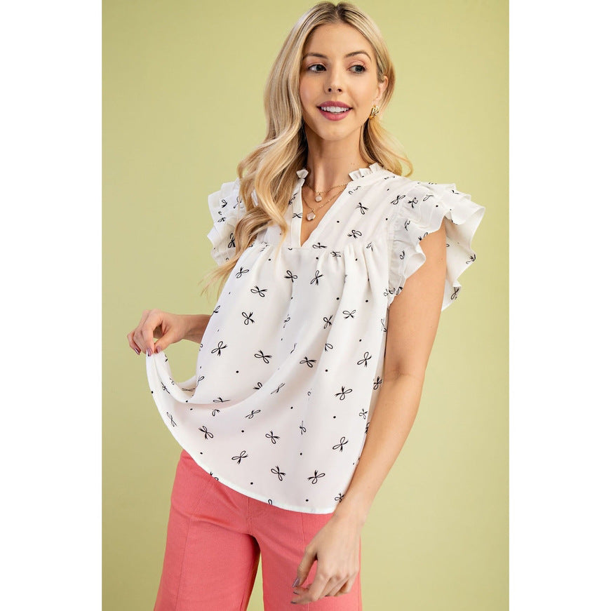 Women's Summer Ruffle Sleeve Sweet Printed Shirt Blouses