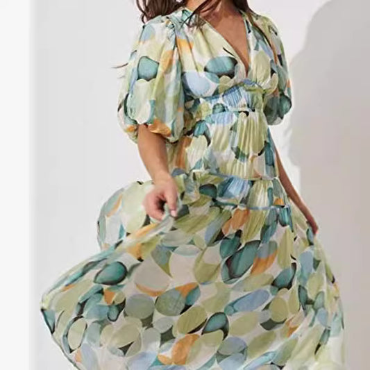 Women's Bohemian Floral Mid-length Dress Pleating Beach Dresses