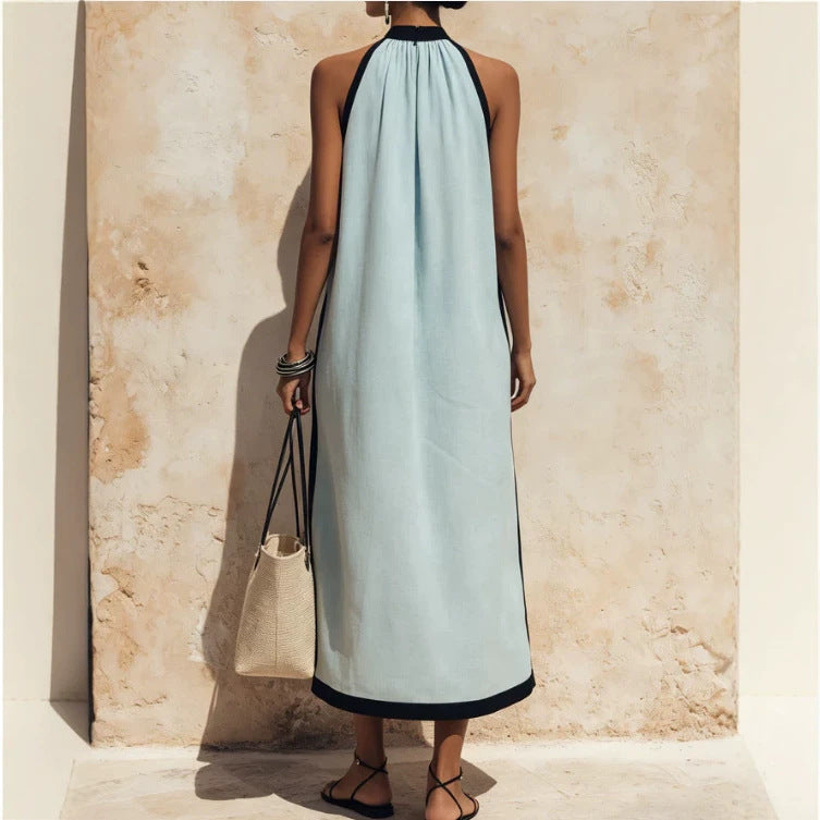Women's Vacation Style Idle Travel Cotton Linen Contrast Dress