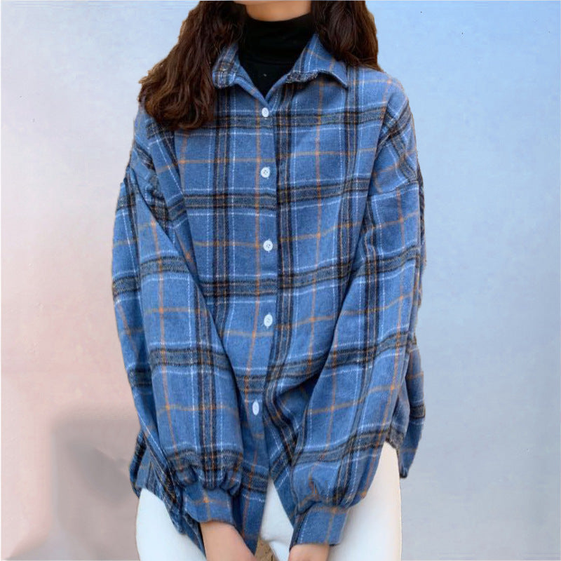 Women's Retro Style Plaid Long-sleeved Shirt Autumn Blouses