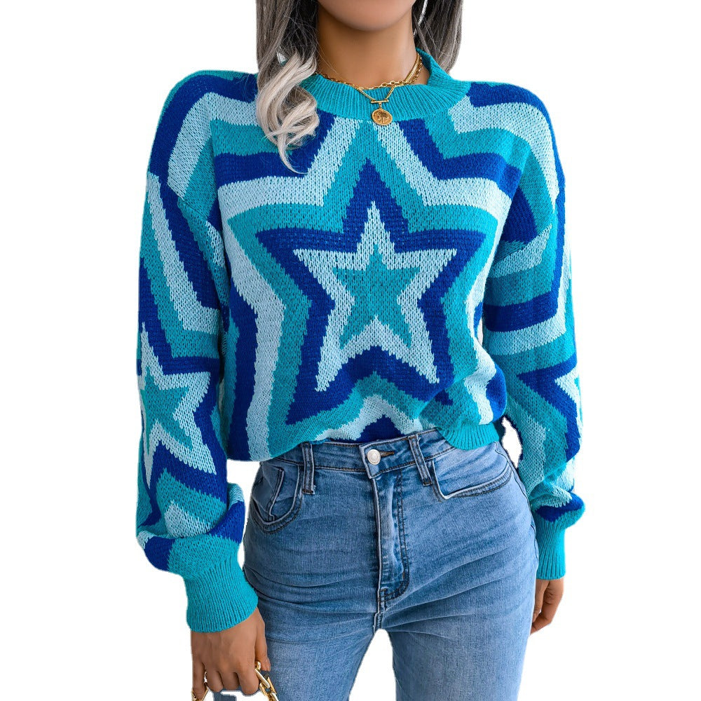 Women's Clearance Fashion Color Contrast Long Sleeve Sweater