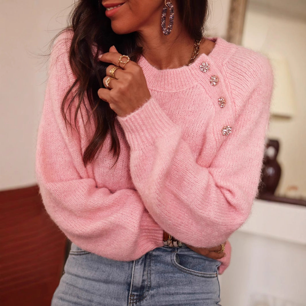 Women's Solid Color Raglan Sleeve Elegant Round Sweater