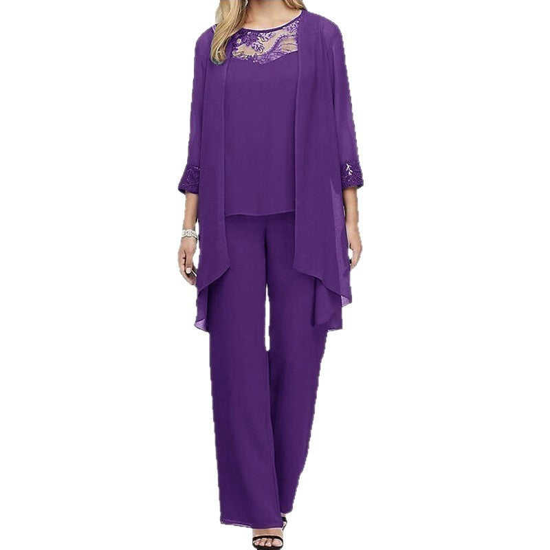 Women's Solid Color Slim Lace Stitching Three-piece Fashion Casual Suit