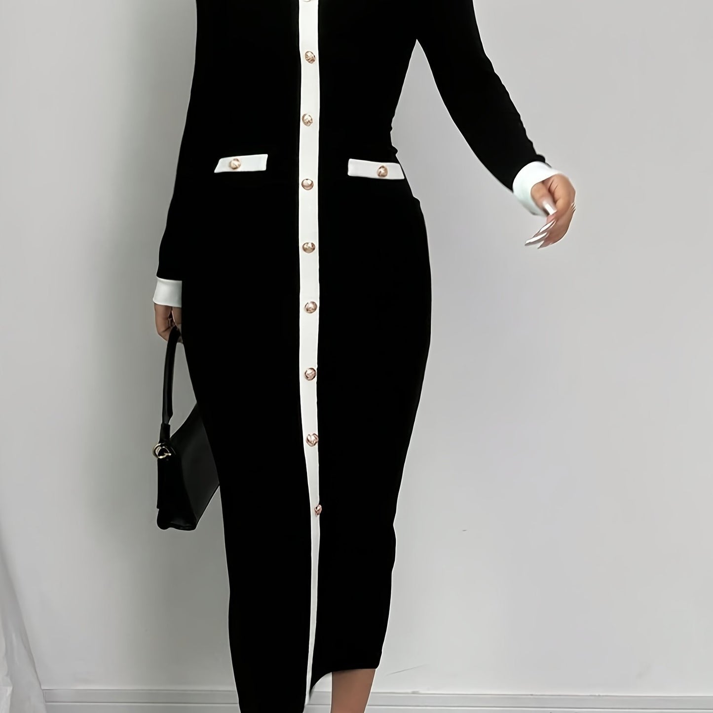 Style Pearl Buckle Slim Long Sleeve Waist Slimming Temperament Sheath Dress