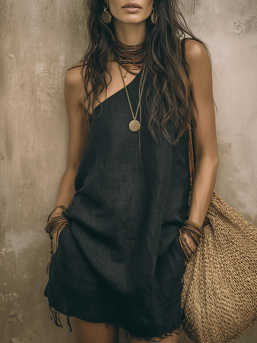 Oblique Shoulder Solid Color Bohemian Style Characteristic Dress