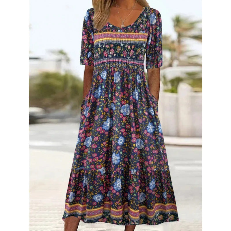 Women's Summer Round Neck Sleeve Bohemian Print Shorts