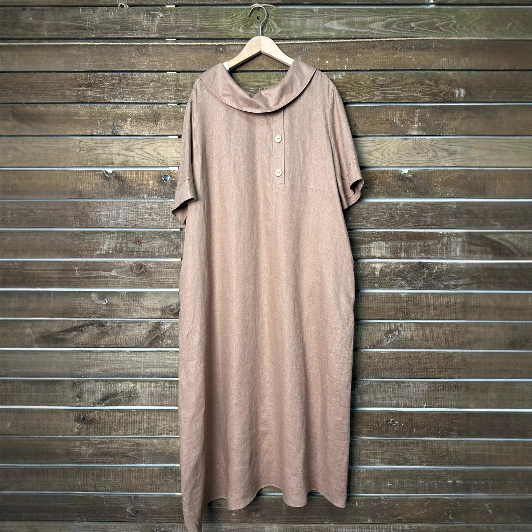 Women's Cotton Linen Casual Loose Pile Collar Sleeve Dress