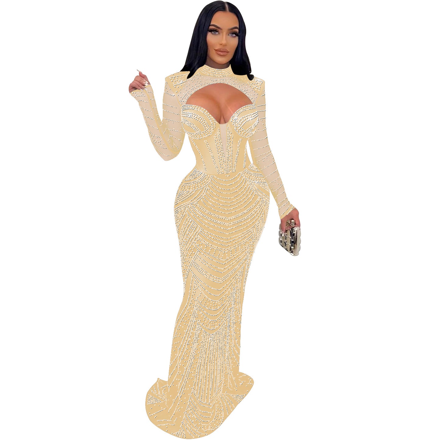 Women's Wear Solid Color Rhinestone Mesh Long Dresses