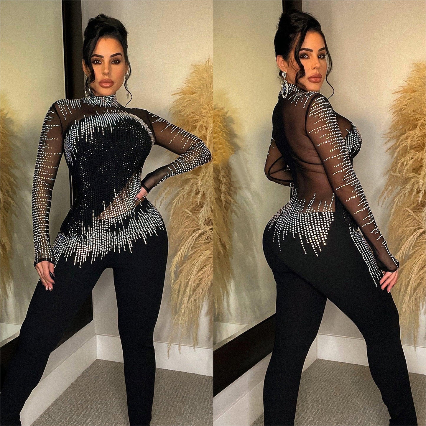 Women's Fashion Wear Pure Color Mesh Rhinestone Suits