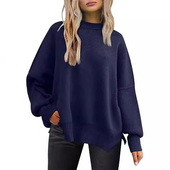 Women's Side Slit Round Neck Loose Solid Color Batwing Long Sweater