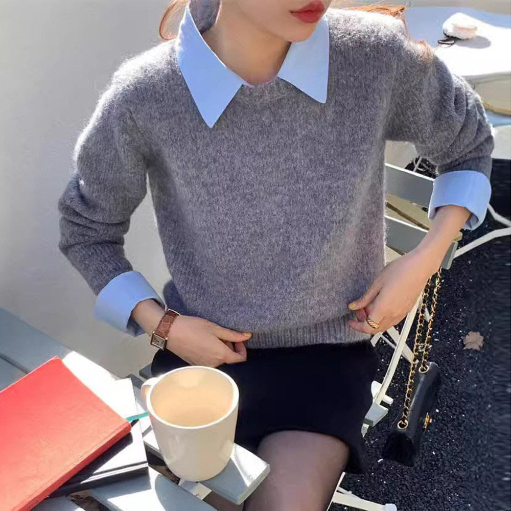 Women's Stitching Shirt Collar Fake Two-piece Knitted Sweater