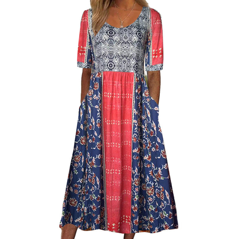 Women's Summer Round Neck Sleeve Bohemian Print Shorts
