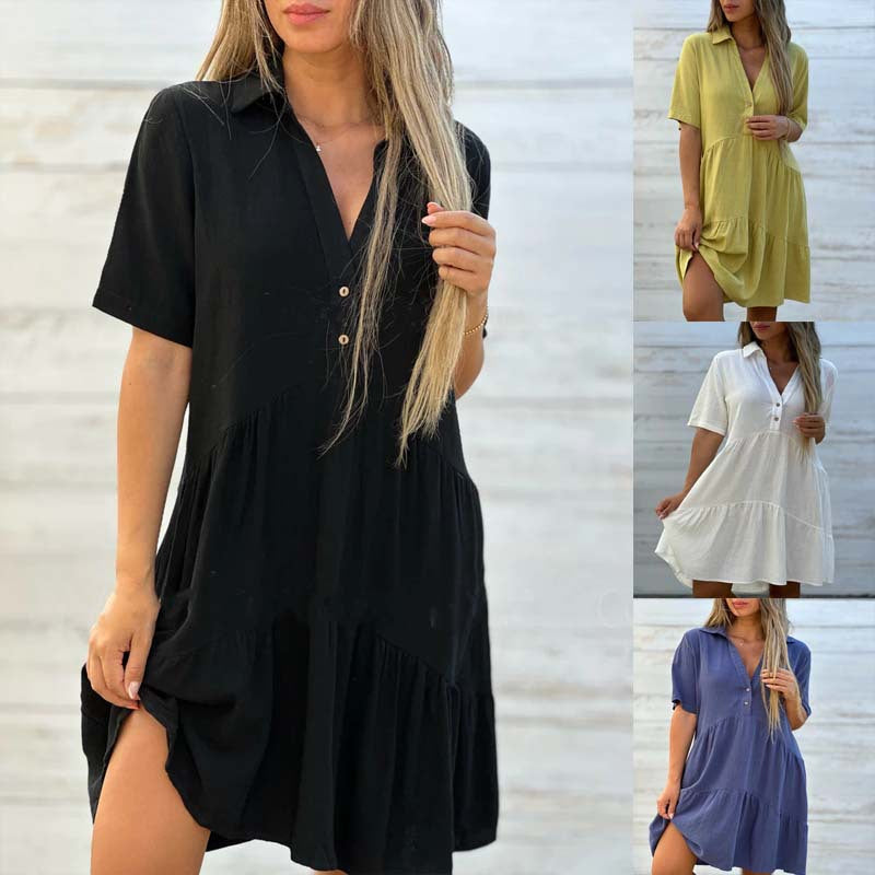 Women's Loose Solid Color Polo Collar Casual Sleeve Dress