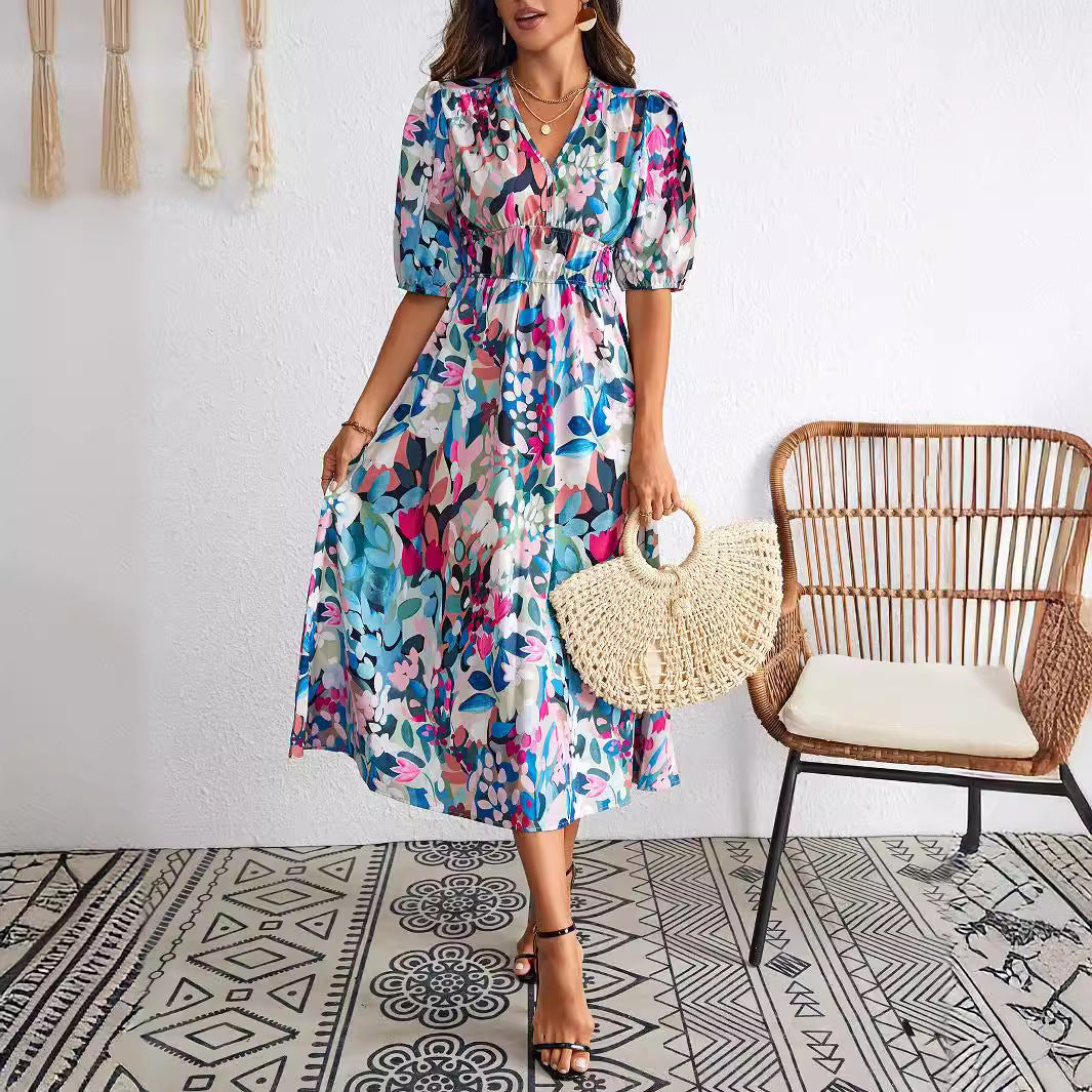 Classy Women's Summer Fashion Printed Waist Dress
