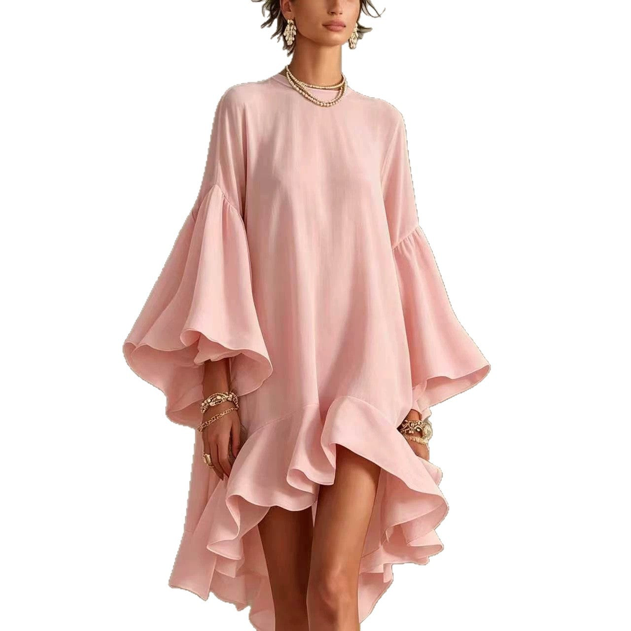 Color Round Neck Large Bell Sleeve Ruffled Dress