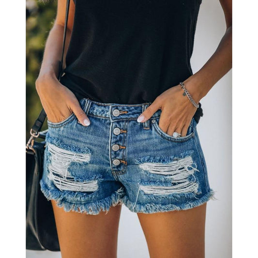 Women's Trendy Summer Ripped Tassel Breasted Denim Shorts