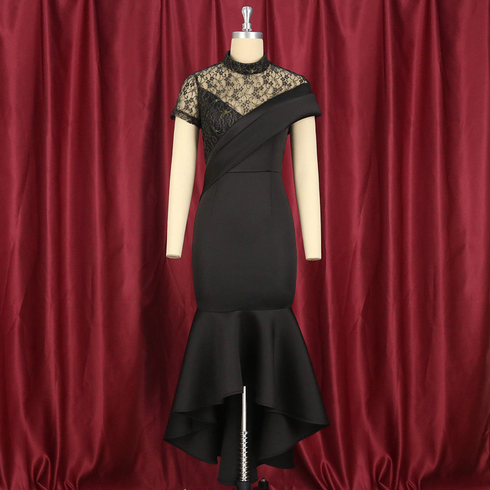 Women's Round Neck Sexy Lace Sleeve High Dresses