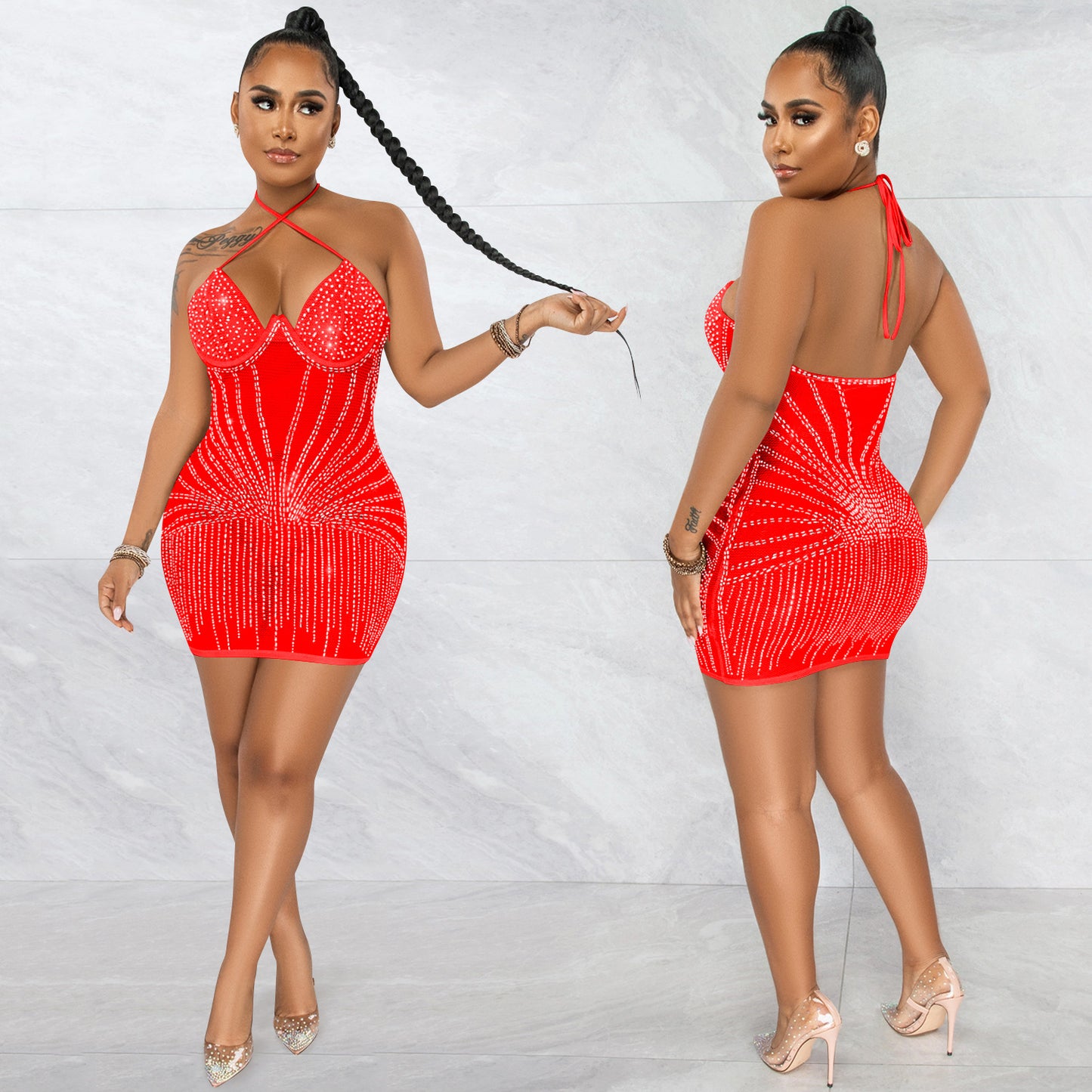 Sexy Spaghetti Straps Chest Wrap Rhinestone Dresses