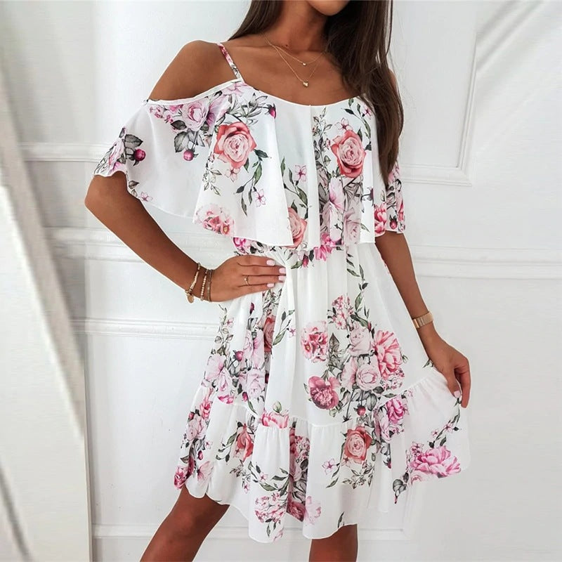 Women's Chiffon Printed Sexy Strapless Suspenders Large Hem Dress