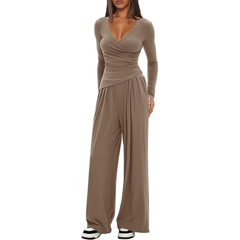 Solid Color Warp Knitted Long-sleeved Matching Fashion Casual Suit