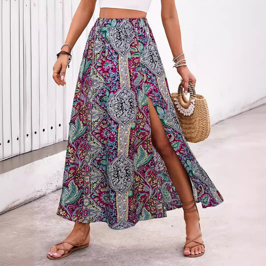 Women's National Style Personalized Printed Slit A- Skirts