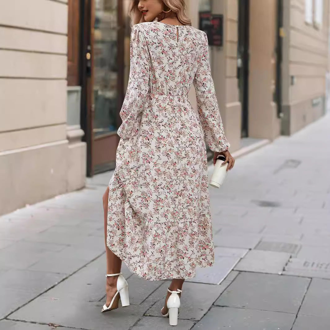 Women's Printed Round Neck Long Sleeve Ruffled Dress