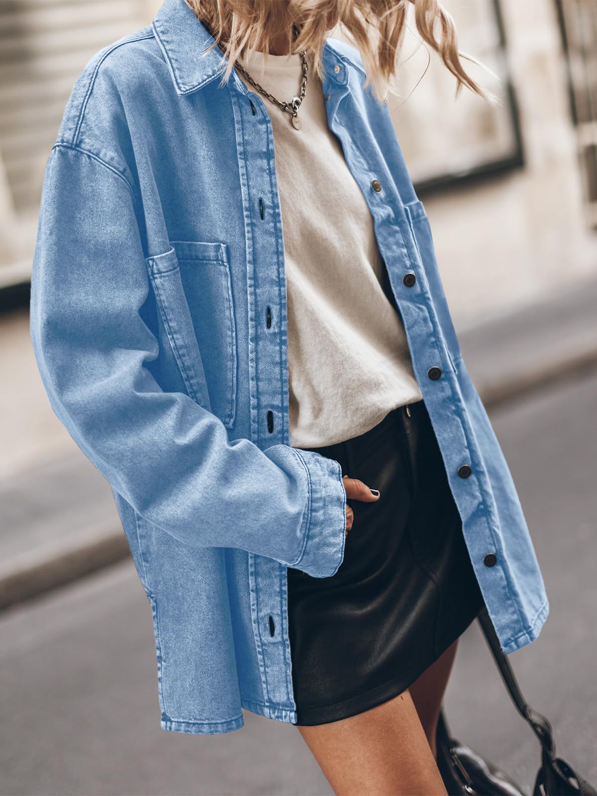 Women's Retro Style Lapel Denim Blue Large Pocket Loose Blouses