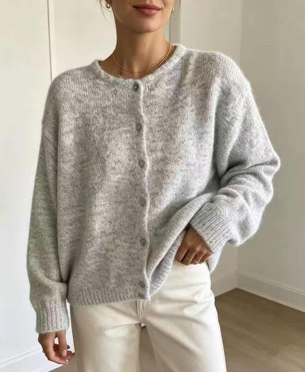 Women's Single-breasted Round Neck Soft Solid Color Furry Women's Sweater