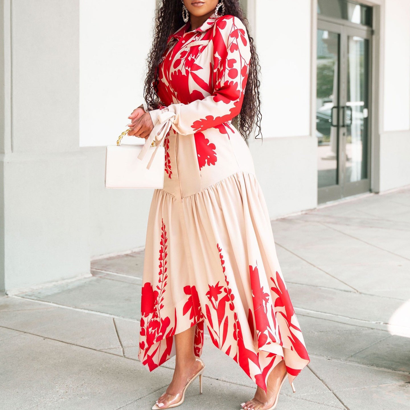 Women's Summer Long Sleeve Printing Lapel Irregular Loose Dress