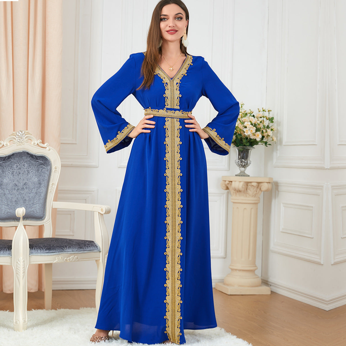 Women's Solid Color Stitching Basic Loose Embroidery Long Dresses