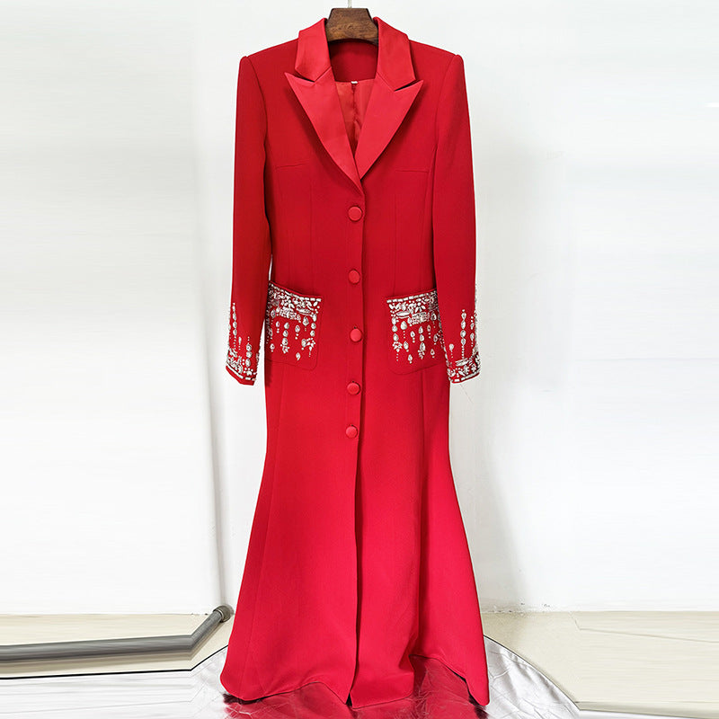Fashion Bead Diamond Tailored Collar Long Dress