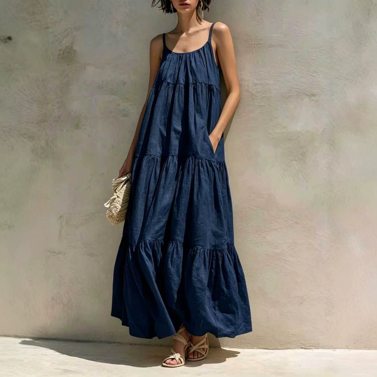 Summer Sleeveless Strap Elegant Stitching A- Dress