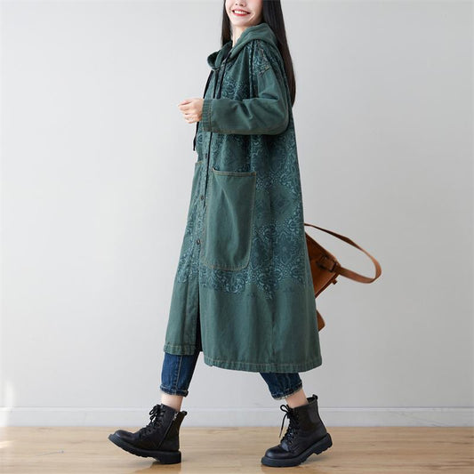 Women's Hooded Diamond Flower Long Denim Single-breasted Coats