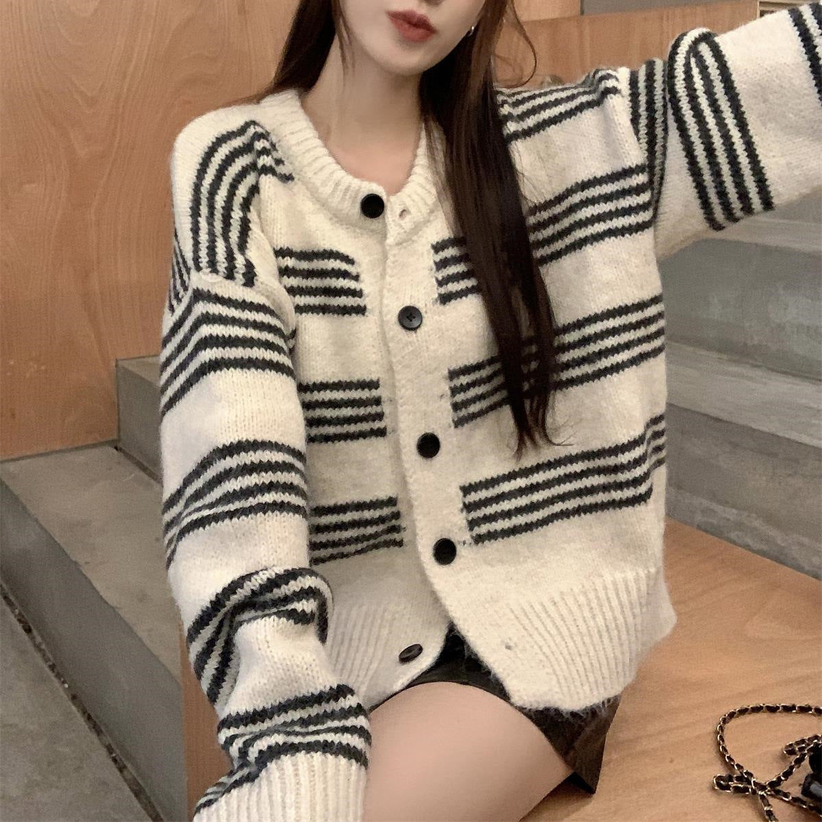 Women's Striped Contrast Color Long Sleeve Autumn Loose Slimming Women's Sweater