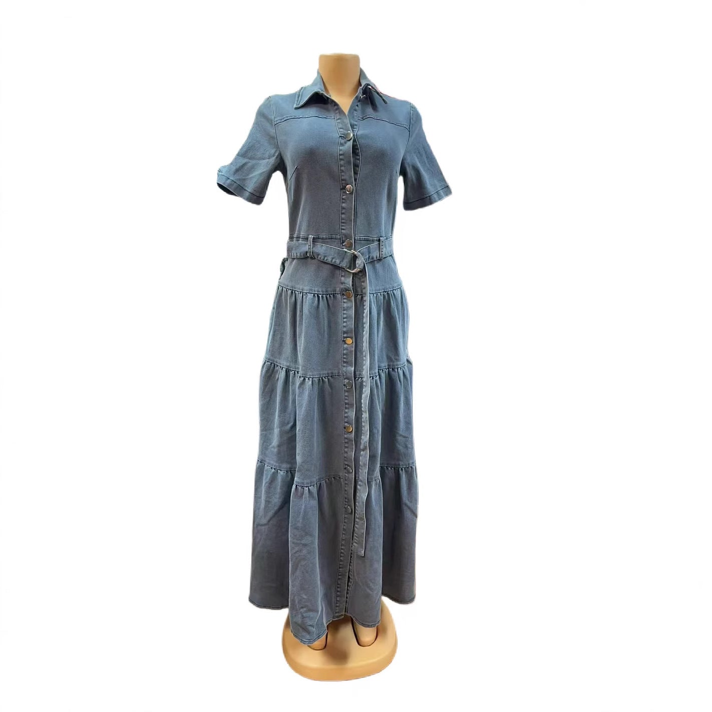 Women's Lapel Button Belt Waist Trimming Short-sleeved Dresses