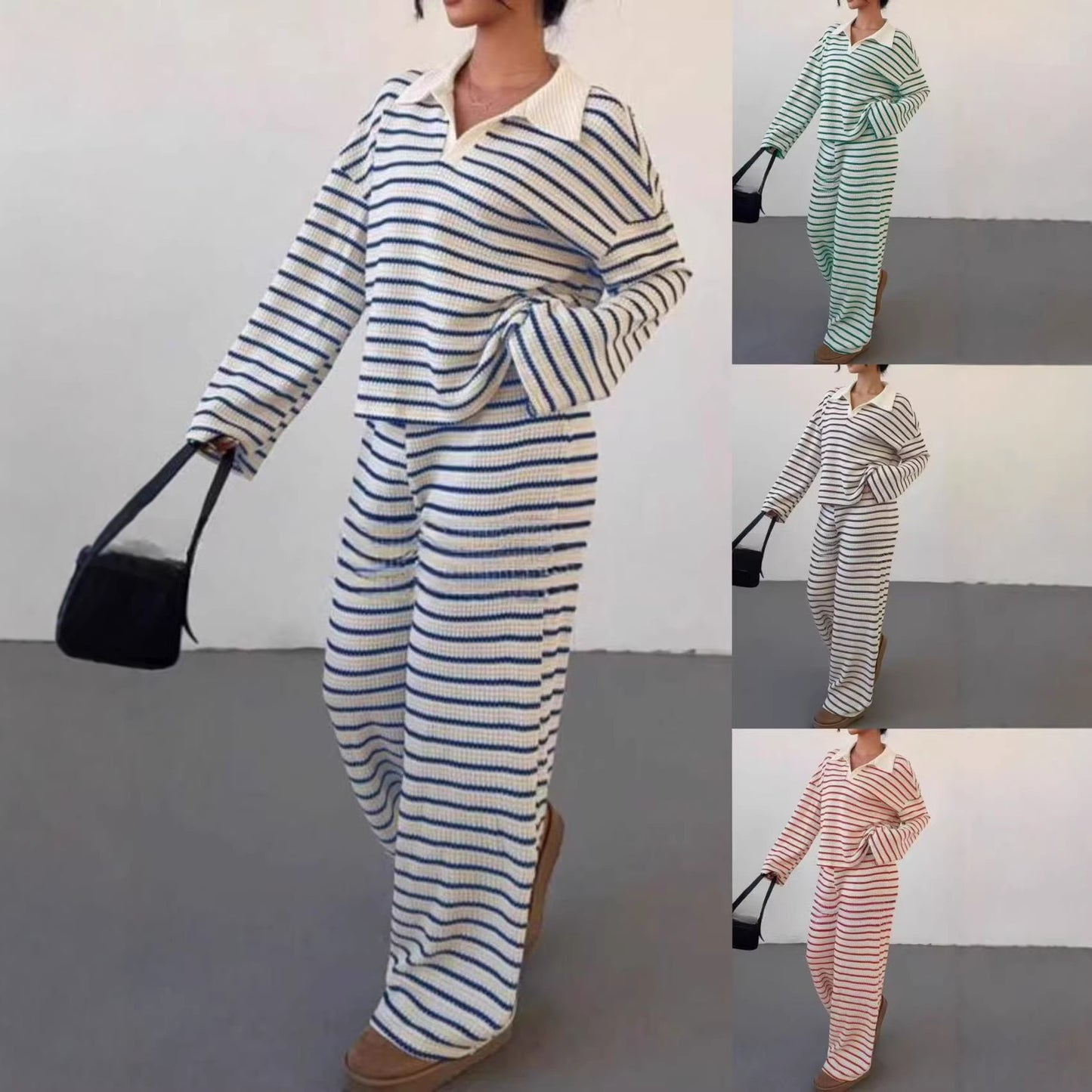 Women's Stripes Contrast Color Long Sleeve Trousers Fashion Casual Suit